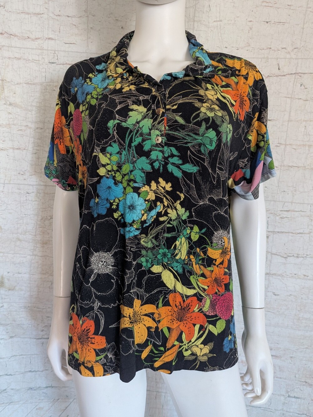 Johnny Was Black Floral Polo with Multicolor Blooms